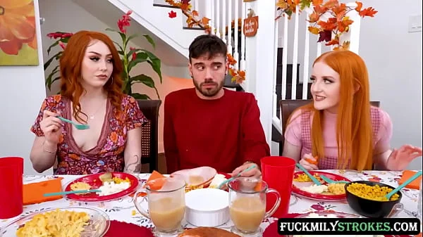 This Thanksgiving horny redhead stepsisters Arietta Adams and Cherry Fae fuck their stepbrother in the living room, while their stepdad fucks their stepmom in the dining room.