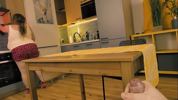 Stepmom noticed her stepson jerking off under a table and decided to help