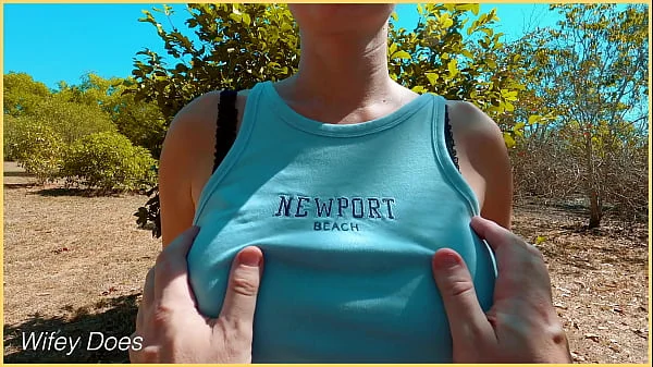 POV getting to grab this MILF hot big tits in public