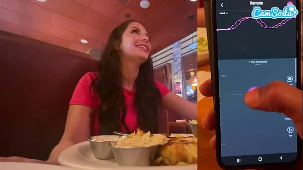 Cumming in Public with interactive toy at LUNCH! Public female orgasm interactive toy