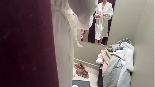 Risky sex of a hot girl in the fitting room with cum in panties