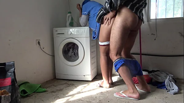 A Muslim maid is fucked doggystyle while doing the laundry