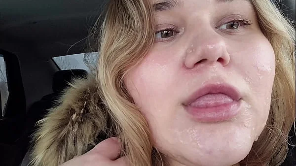 Huge facial of a cute BBW blonde with big breasts in inclement weather