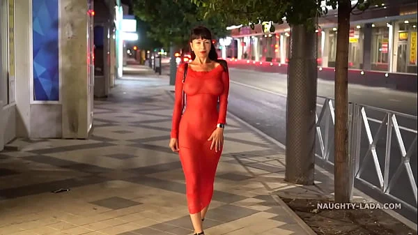 Red transparent dress in public