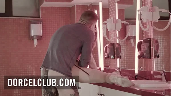 French hot brunette Clea Gaultier seduces the bartender in the bathroom