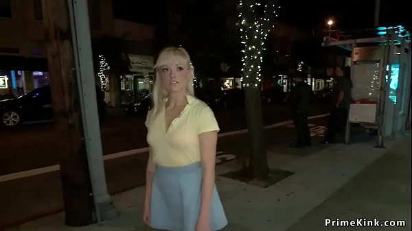 Gagged blonde is fucked in public