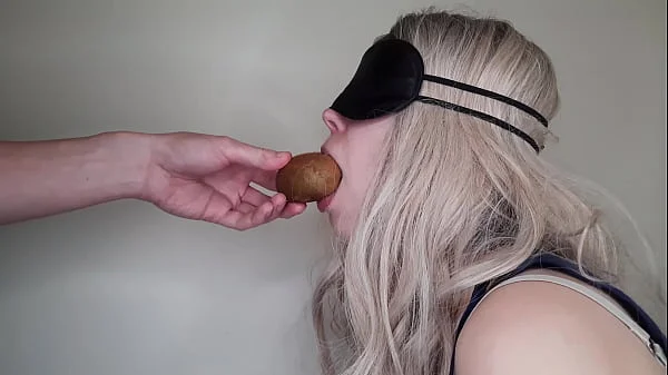 Blindfolded dumb friend's wife tricked into sucking my dick and swallowing cum with the taste game.