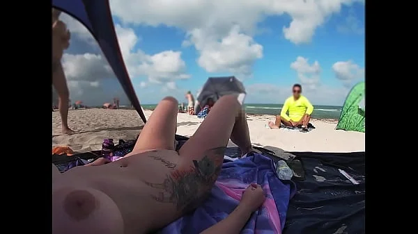 Exhibitionist Wife 511 - Mrs Kiss gives us her NUDE BEACH POV view of a VOYEUR JERKING OFF in front of her and several other men watching!